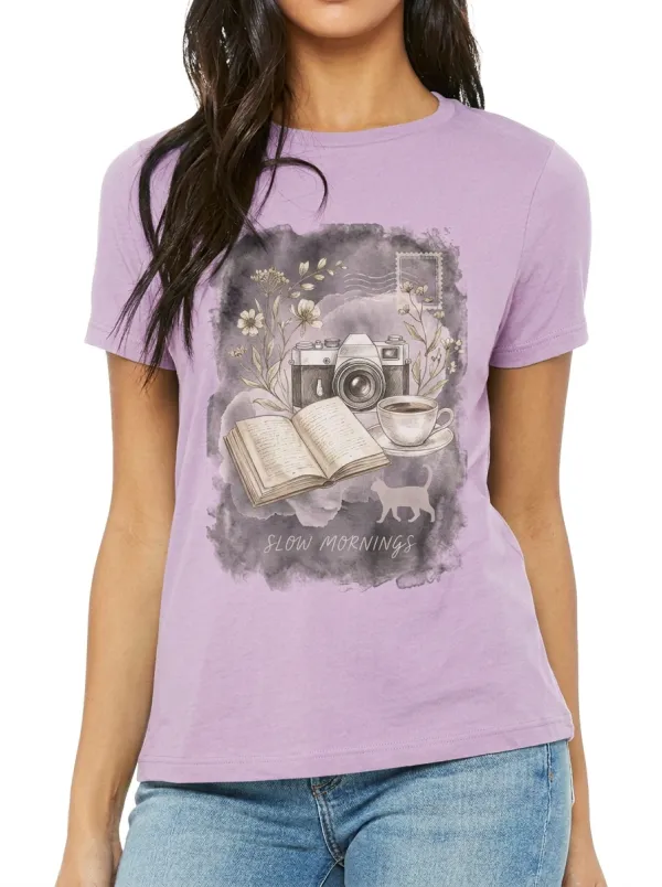 Women's Slow Mornings Camera Book Coffee Cat Printed T-shirt