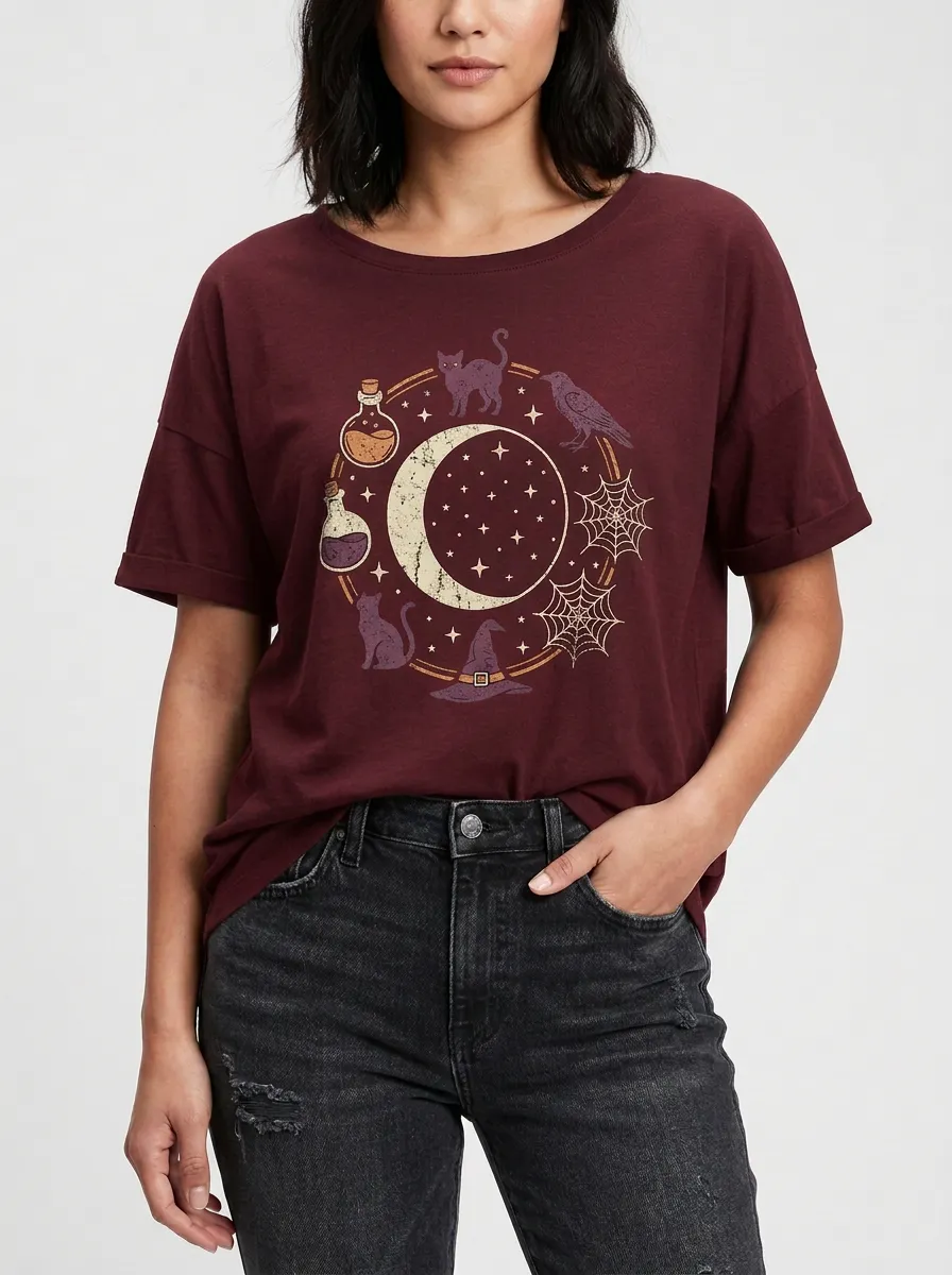 Women's Halloween Witchy Moon Cat Raven Printed T-shirt