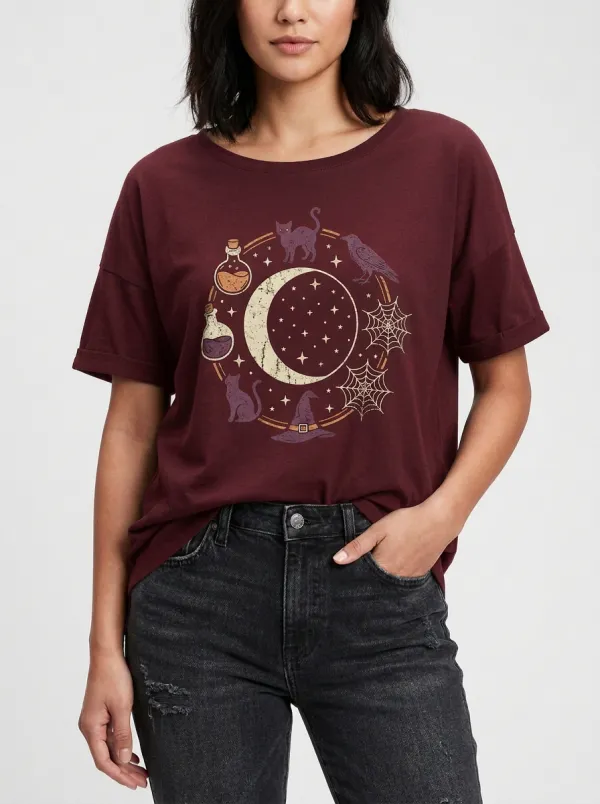 Women's Halloween Witchy Moon Cat Raven Printed T-shirt