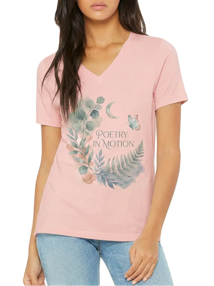 Women's Poetry In Motion Butterfly Botanical Printed V-Neck T-Shirt
