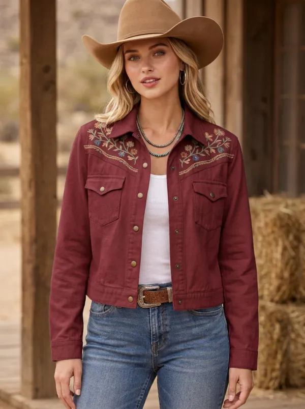 Women's Modern Western Cowgirl Floral Embroidery Floral Embroidered Denim Jacket