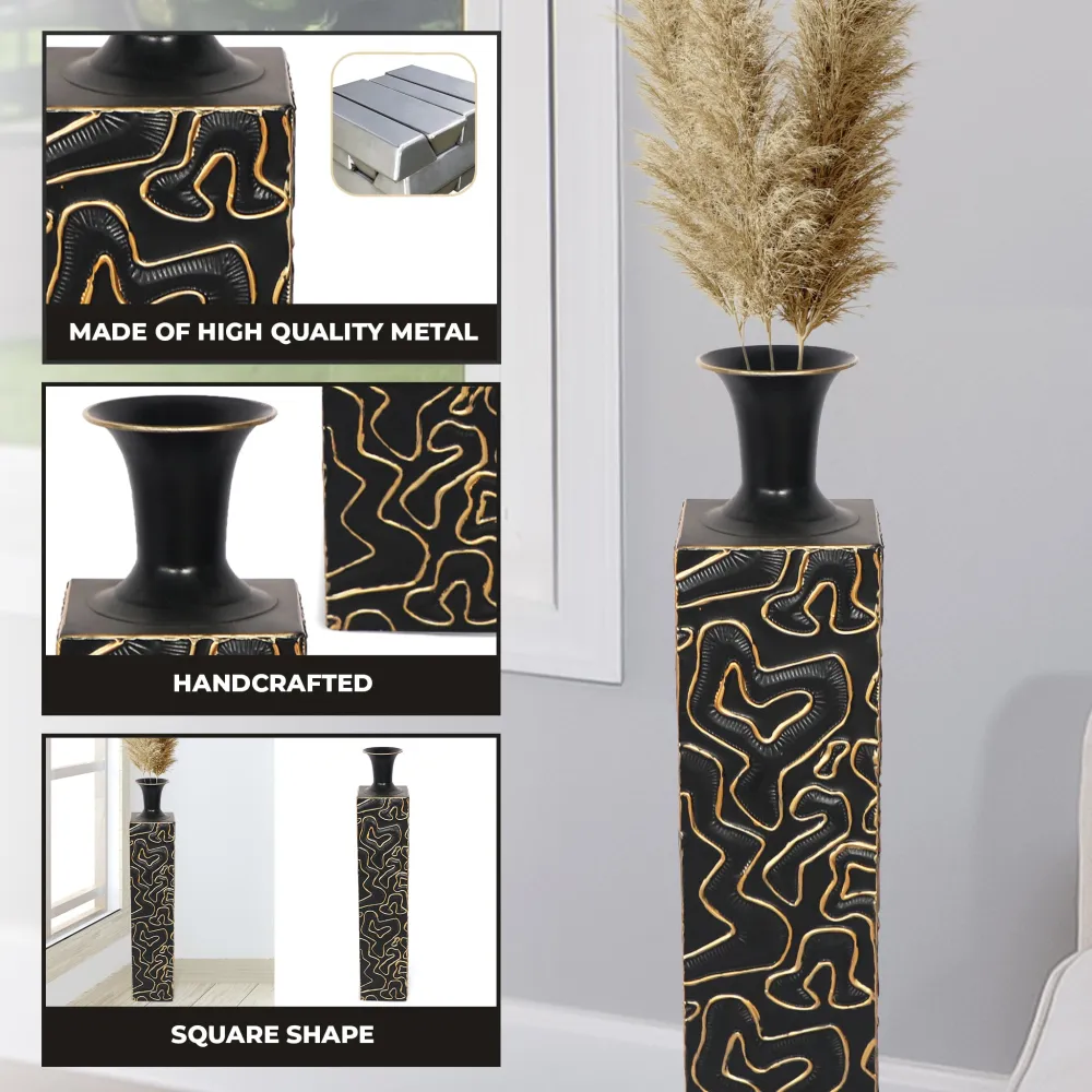 Tall Black and Gold Patterned Pedestal with Vase, Home Decor for Luxurious and Artistic Display