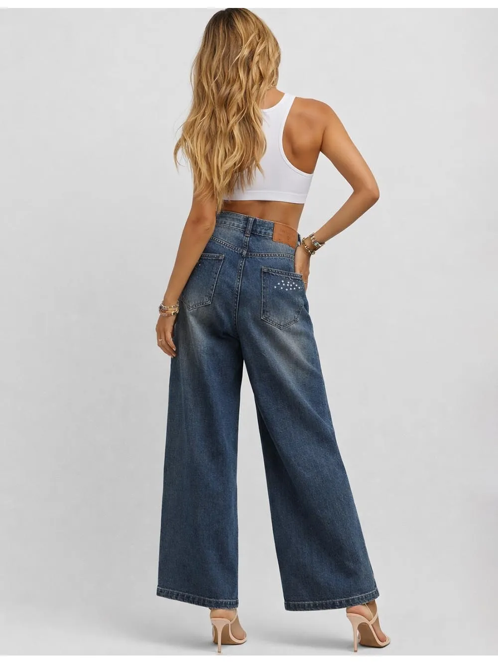 Faux Pearl Button Waist Wide Leg Denim Pants