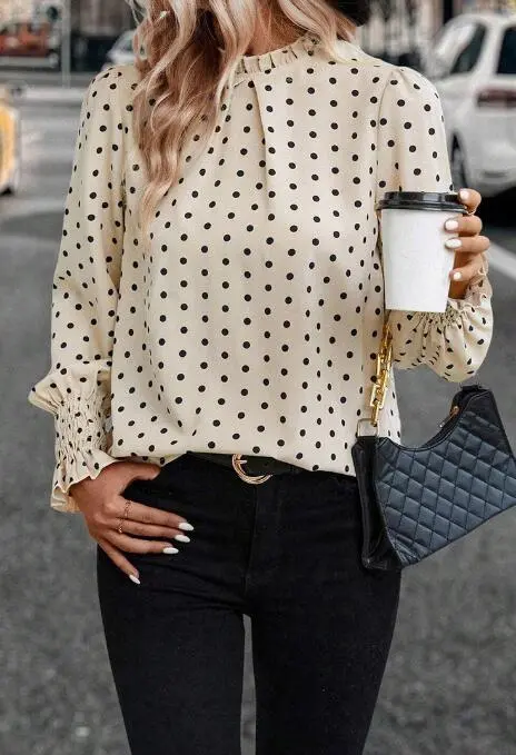 Polka Dot Lantern Sleeve Blouse