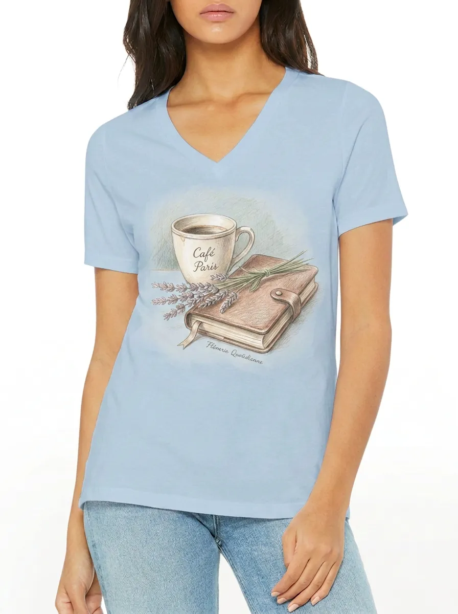 Women's Paris Cafe Book Lover Lavender Printed V-Neck T-Shirt