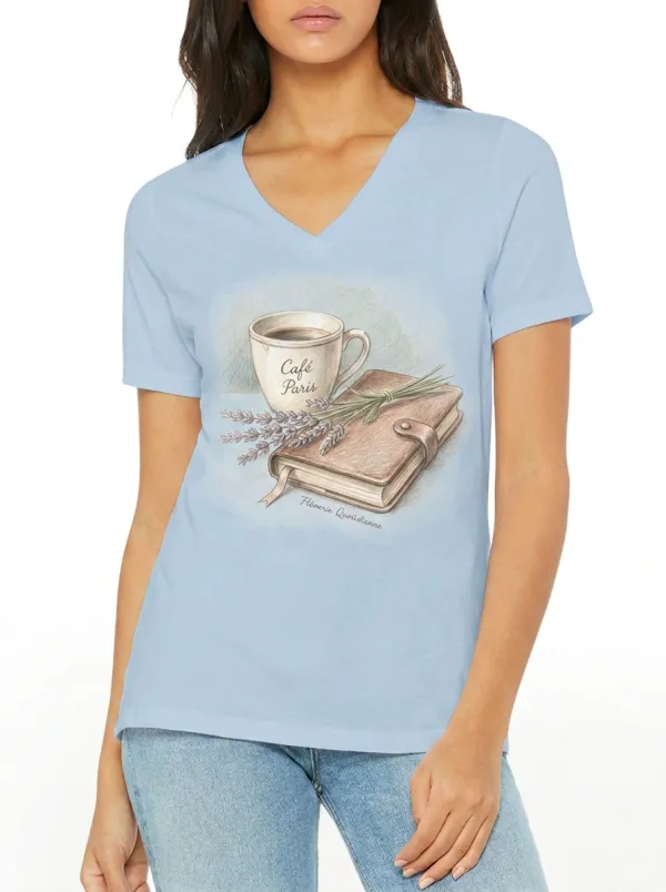 Women's Paris Cafe Book Lover Lavender Printed V-Neck T-Shirt