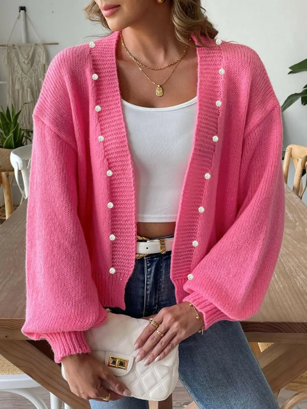 Pearl Detail Open Front Cardigan