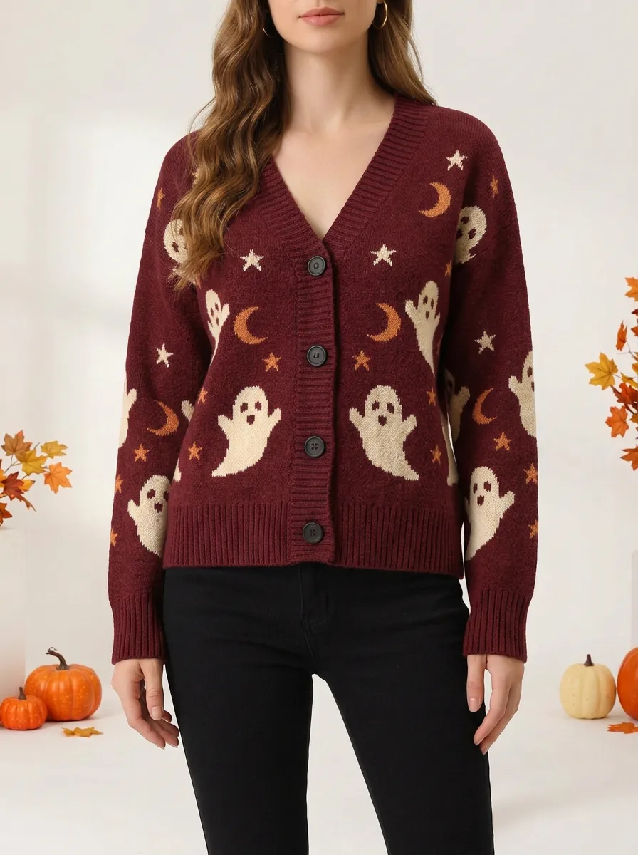 Women's Halloween Ghost Moon Star Patterned Knitted Cardigan