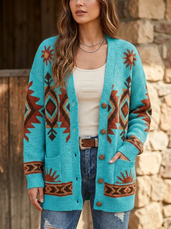 Easy-Wear Aztec Geometric Women's Western Knit Cardigan