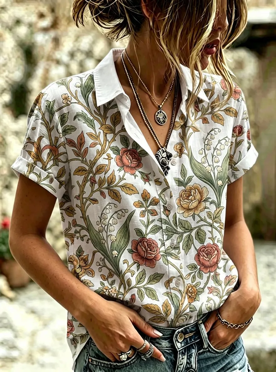 Women's Floral Vintage Rose Lily Botanical Printed Short Sleeve Shirt