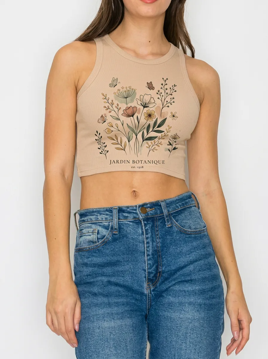 Women's Botanical Garden Butterfly Floral Printed Crop Tank Top