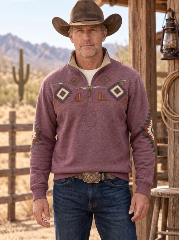 Men's Western Cowboy Desert Half-Zip Sweatshirt