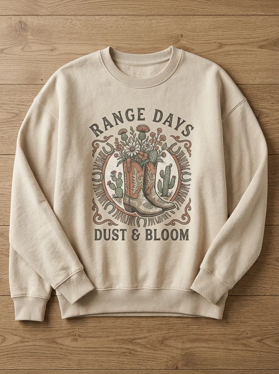 Rustic Cactus Cowboy-Boot Western Graphic Sweatshirt