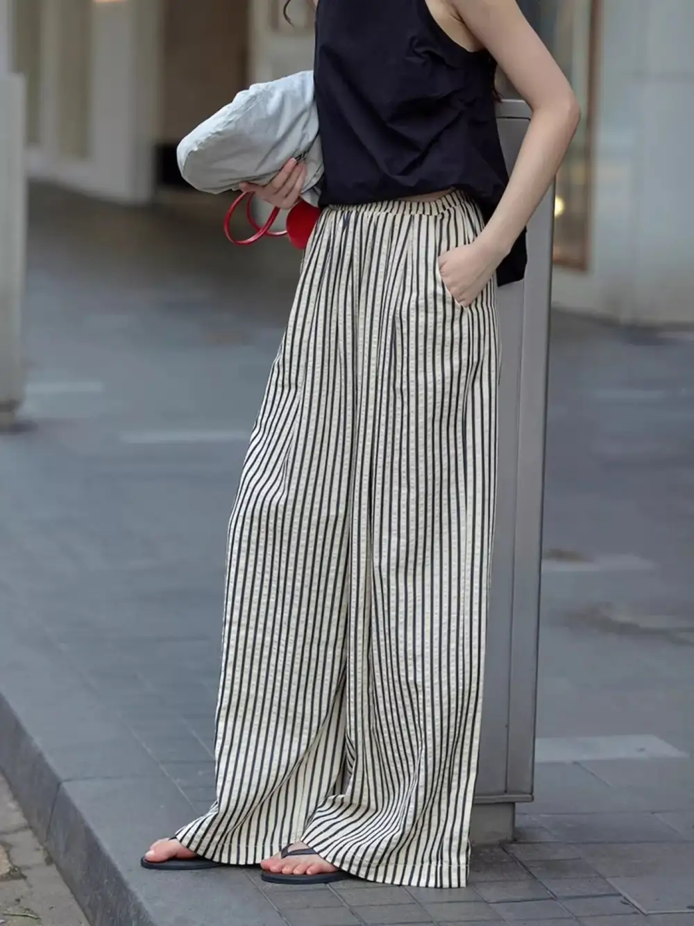 Full Size Striped Drawstring Waist Wide Leg Pants Plus Size