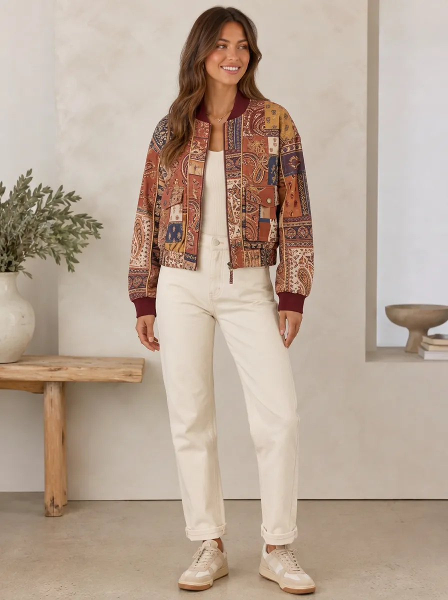 Women's Vintage Paisley Patchwork Ribbed Trim Bomber Jacket