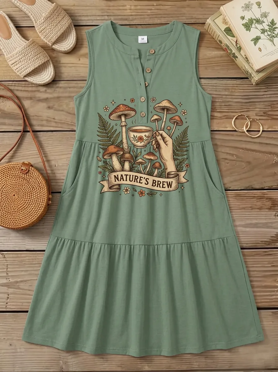 Women's Nature Brew Mushroom Coffee Printed Sleeveless Tank Top