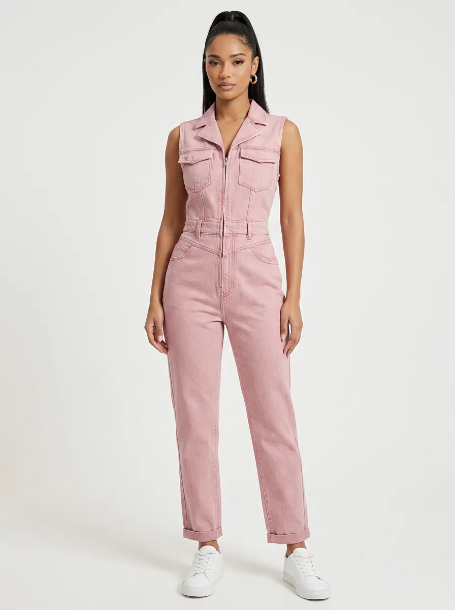 Pink Clean-Line Sleeveless Zip-Front Denim Jumpsuit
