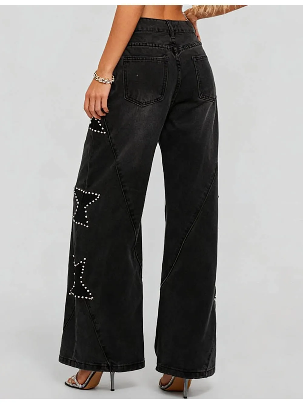 Faux Pearl Star Button Fly Wide Leg Denim Pants