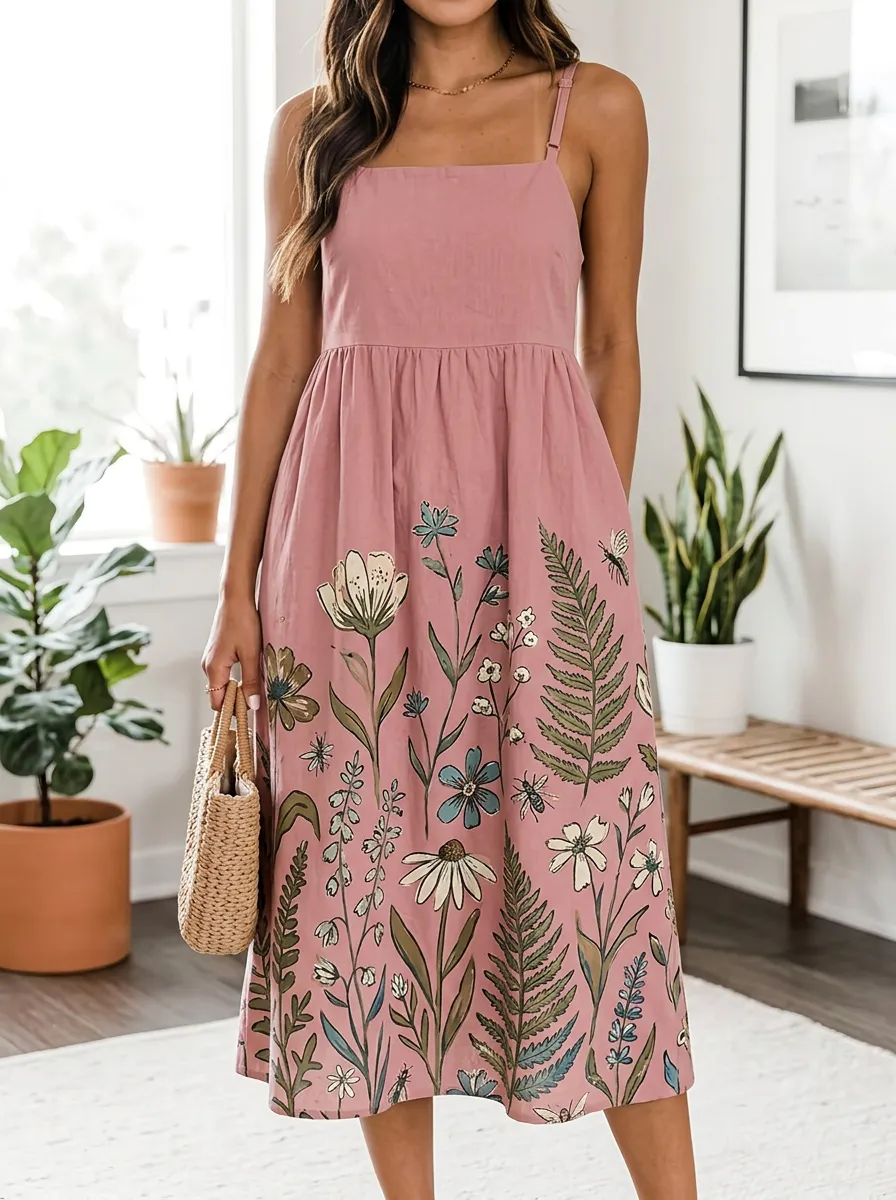 Women's Botanical Garden Floral Fern Printed Midi Dress
