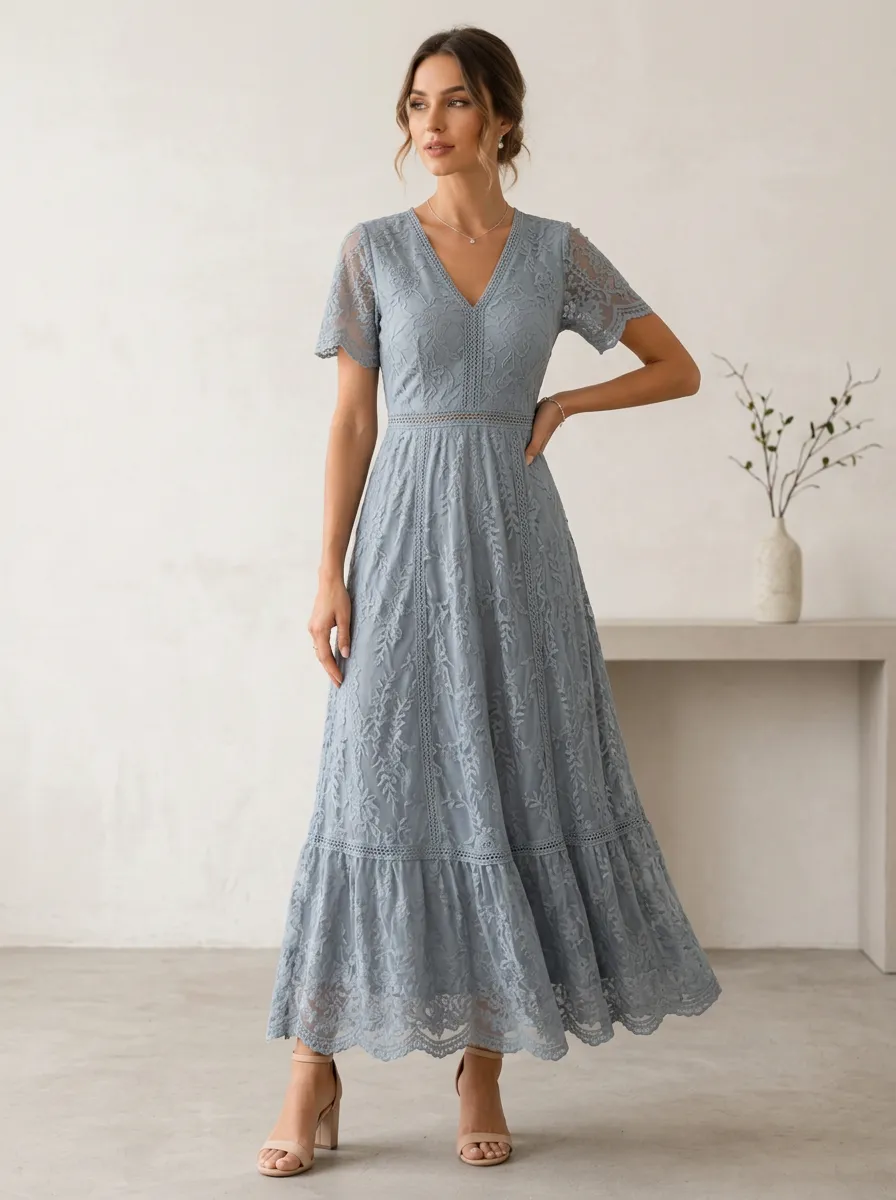 Women's Elegant V-Neck Dusty Blue Floral Lace Printed Maxi Dress