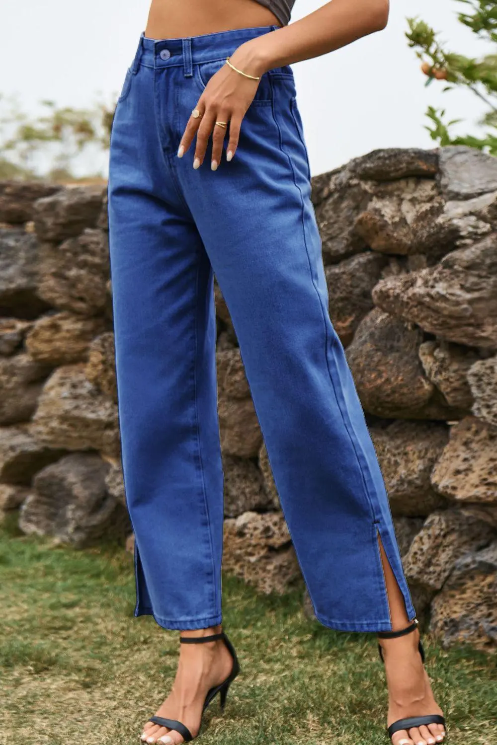 High Waist Loose Fit Ankle Slit Denim Jeans
