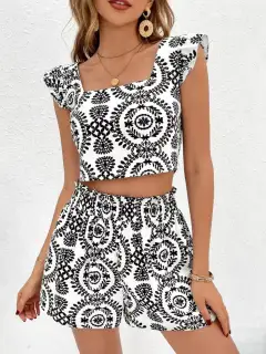 Relaxed Refined Ruffled Top and Shorts Matching Set