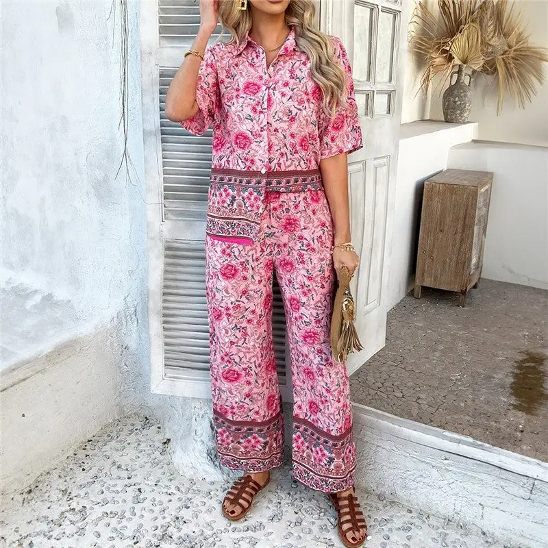 Floral Short Sleeve Cardigan Pants Set
