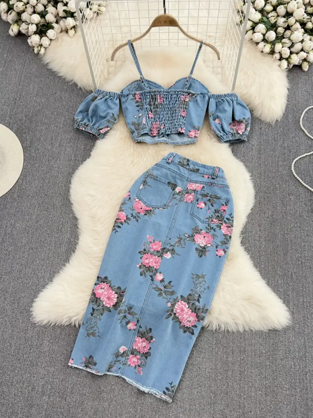 Smocked Denim Coordinated Set Pants