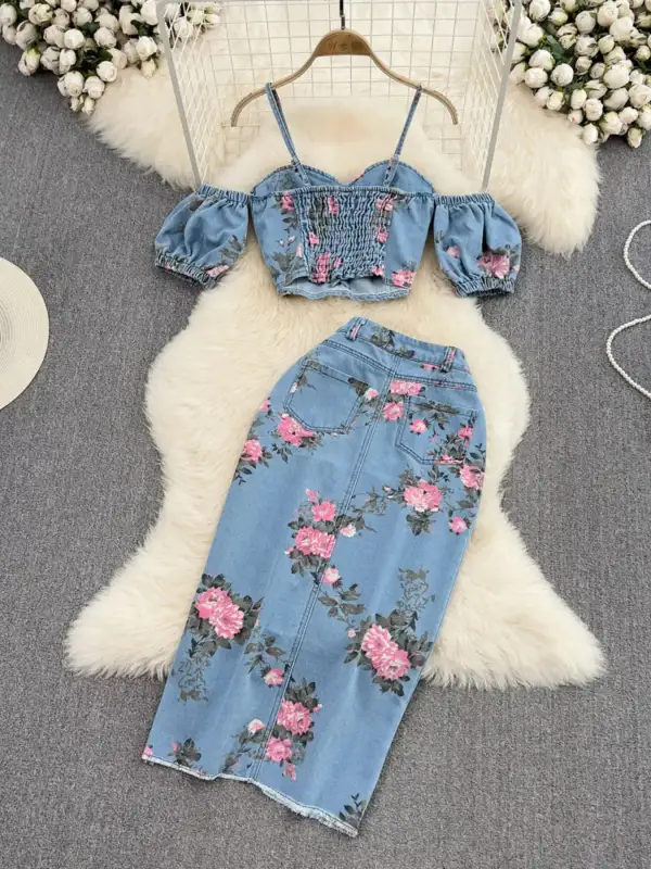 Smocked Denim Coordinated Set Pants