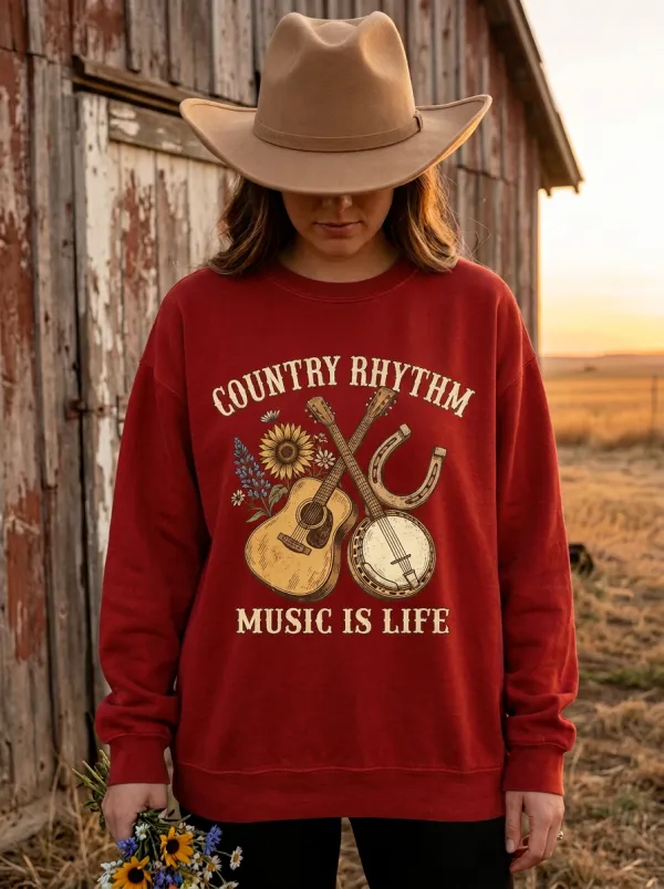 Country Music Guitar Banjo Sunflower Crew Neck Sweatshirt