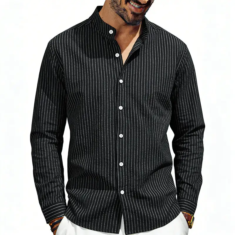 Men's Striped Stand-up Collar Shirt Linen-Cotton Blend With Button Placket