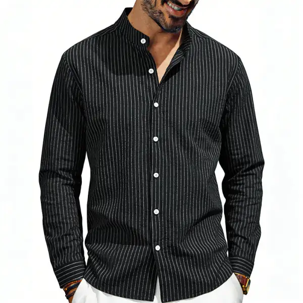 Men's Striped Stand-up Collar Shirt Linen-Cotton Blend With Button Placket