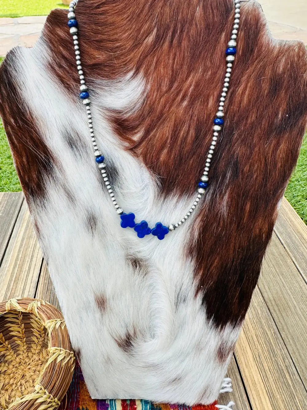 Cross Beaded Pearl Lapis Sterling Silver Necklace