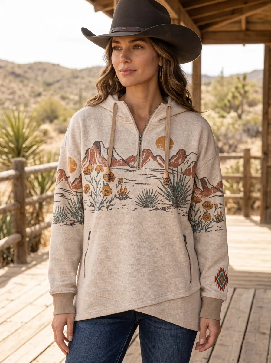 Women's Western Desert Landscape Floral Printed Hoodie
