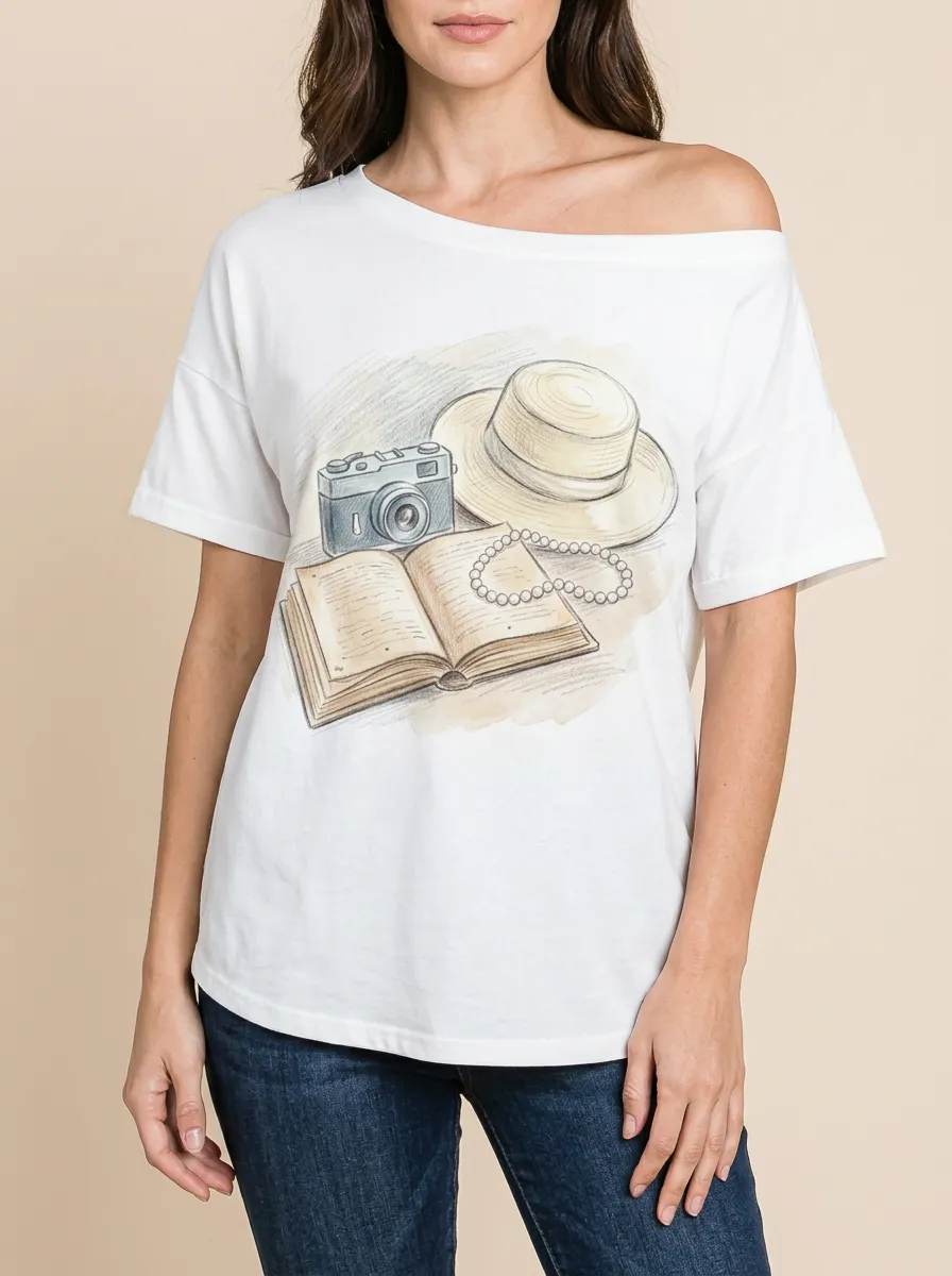 Women's Travel Hobby Camera Book Hat Pearl Printed T-shirt