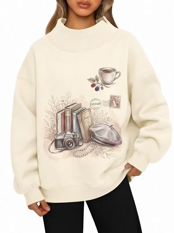 Women's Vintage Aesthetic Books Camera Beret Printed Sweatshirt