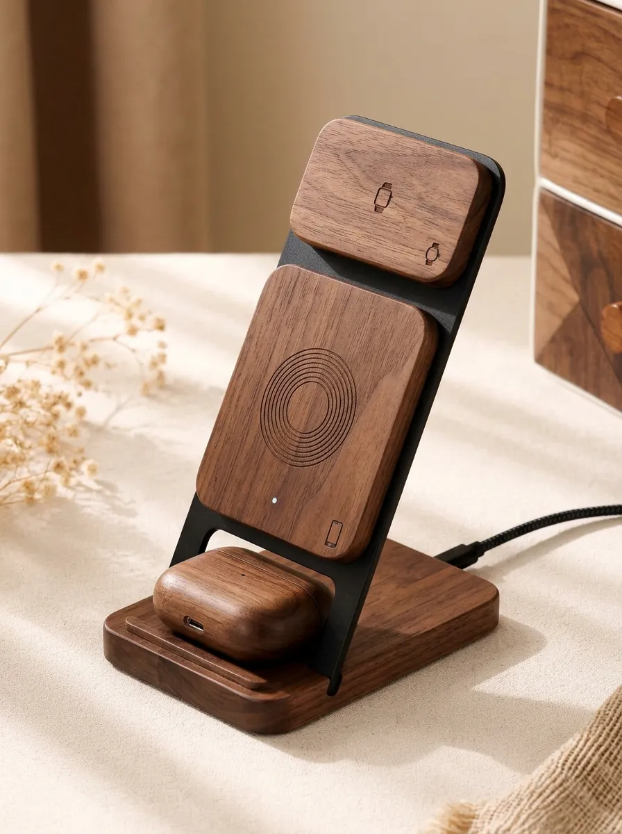 Unisex Tech Enthusiast Walnut Wood Grain Printed Charger