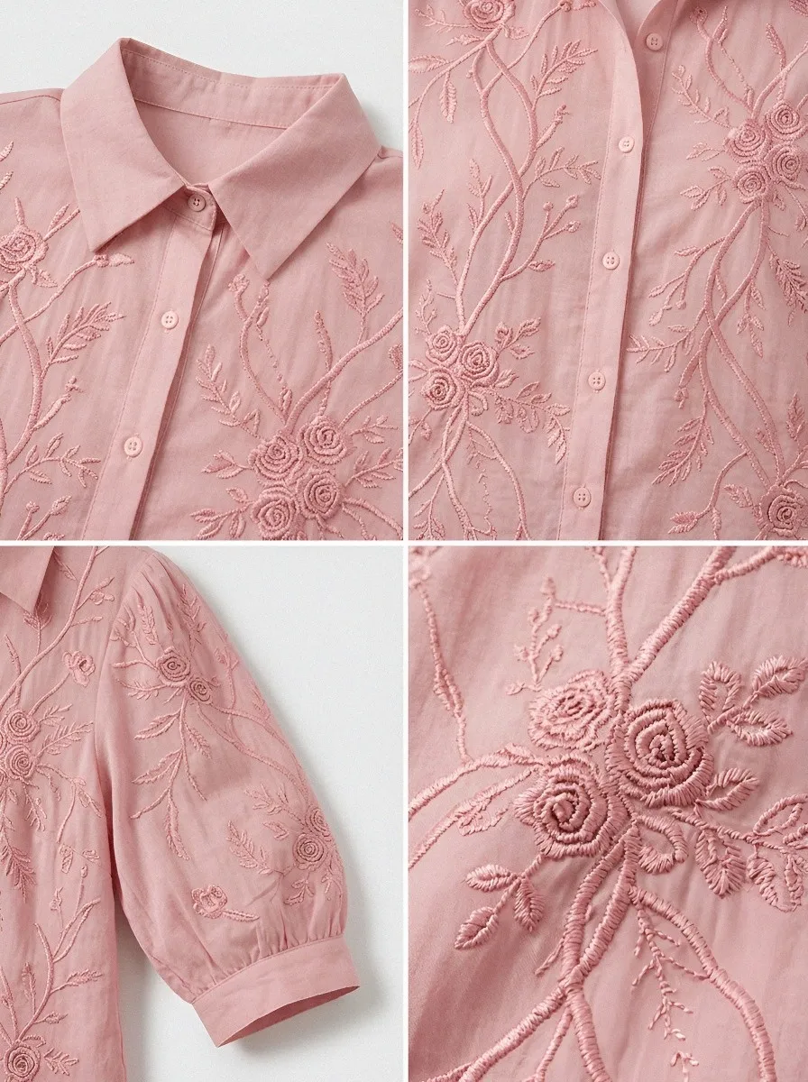 Women's Breast Cancer Awareness Pink Floral Embroidered Button-up Shirt