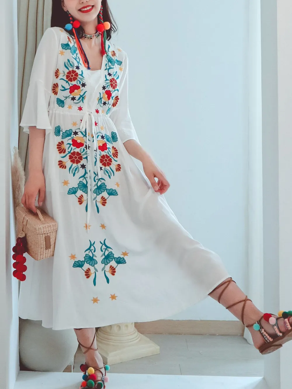 Textured Floral Embroidered Boho Maxi Dress