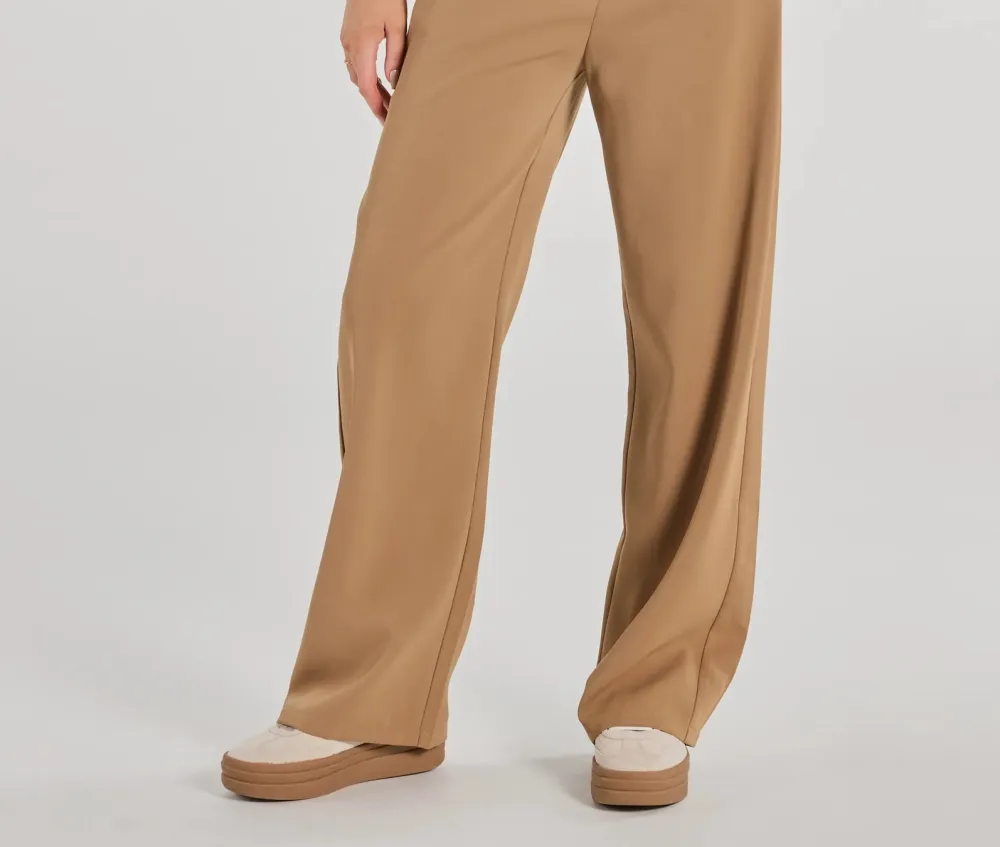Taupe Knit High-Rise Straight-Leg Pants