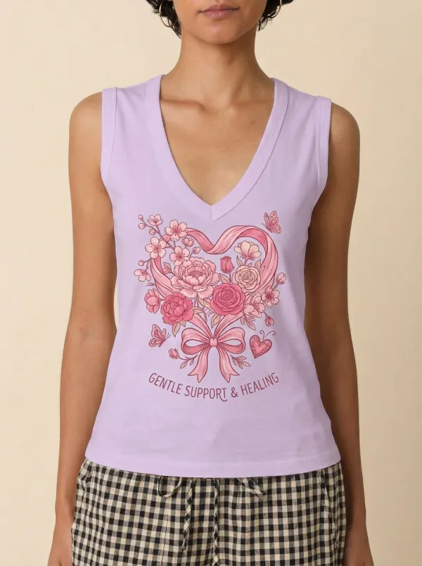 Women's Breast Cancer Awareness Floral Heart Ribbon Printed Tank Top