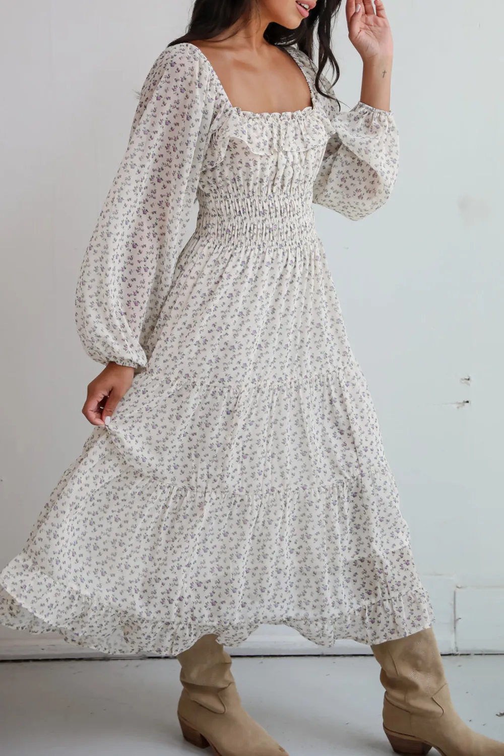Cream Floral Print Midi Dress