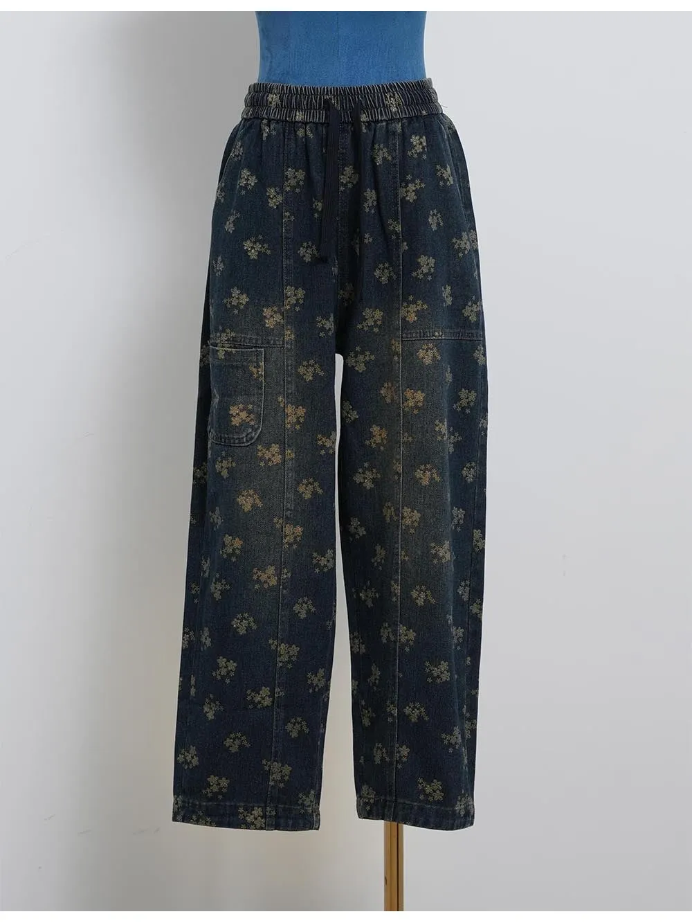 Elastic Waist Barrel Leg Denim Easy Pants