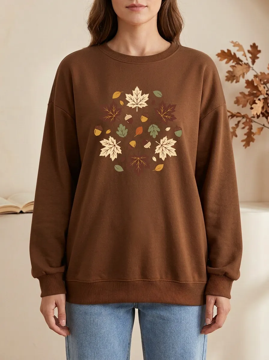 Modern Maple-Leaf Printed Acorn Graphic Sweatshirt