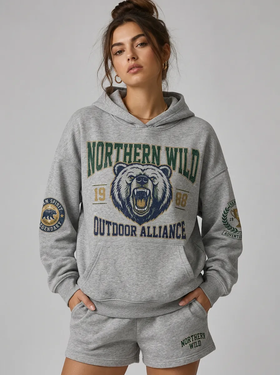 Women's Outdoor Adventure Bear Northern Wild Printed Hoodie