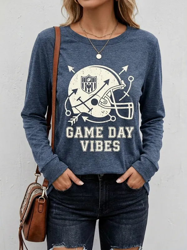 Women's Football Fan Game Day Vibes Helmet Printed Long Sleeve Shirt