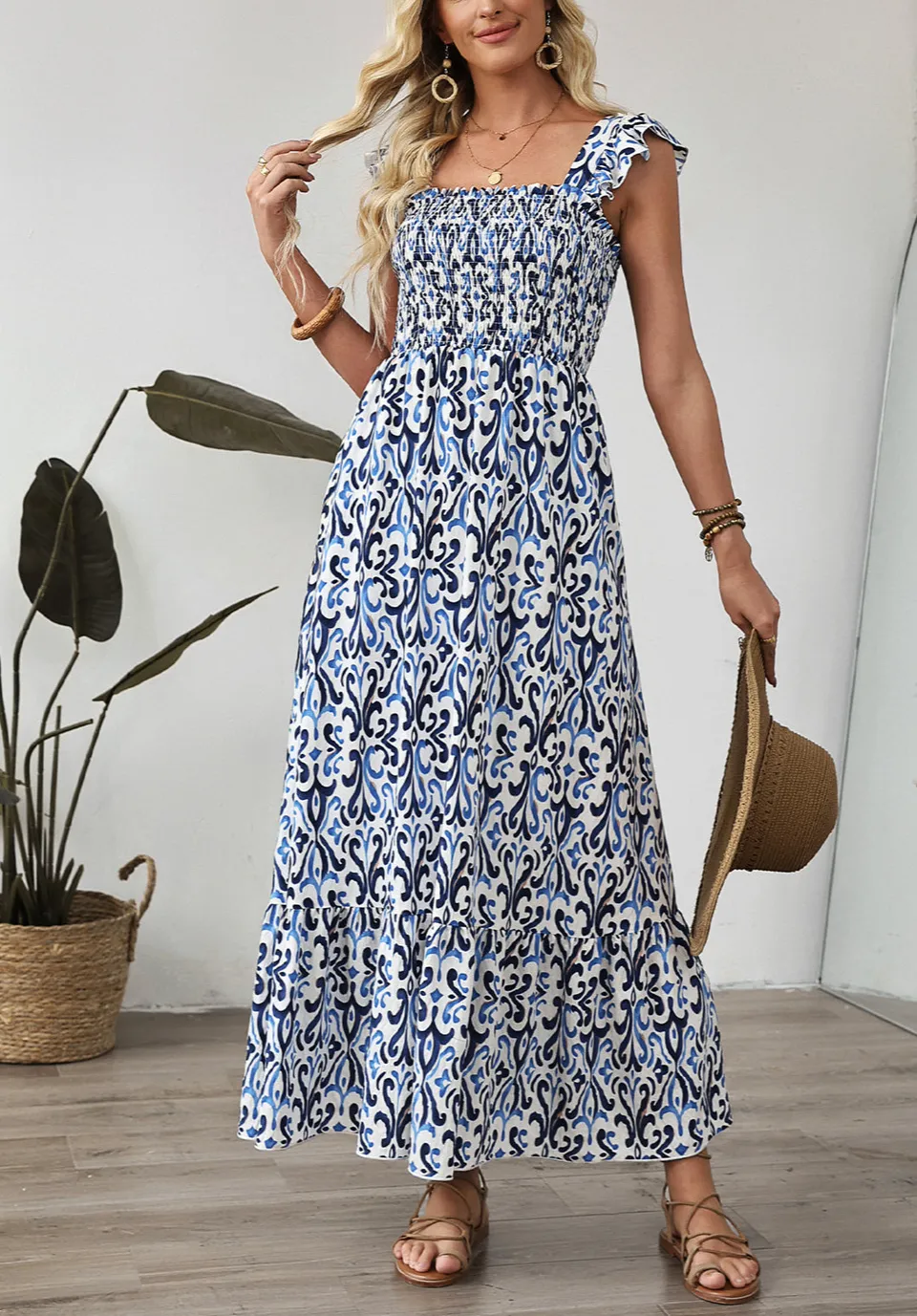 Sky Boho Print Smocked High Waist Maxi Dress