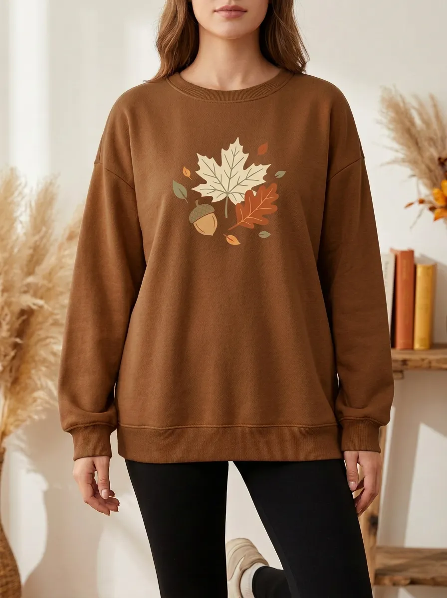 Layered Detail Maple-Leaf Printed Acorn Graphic Sweatshirt