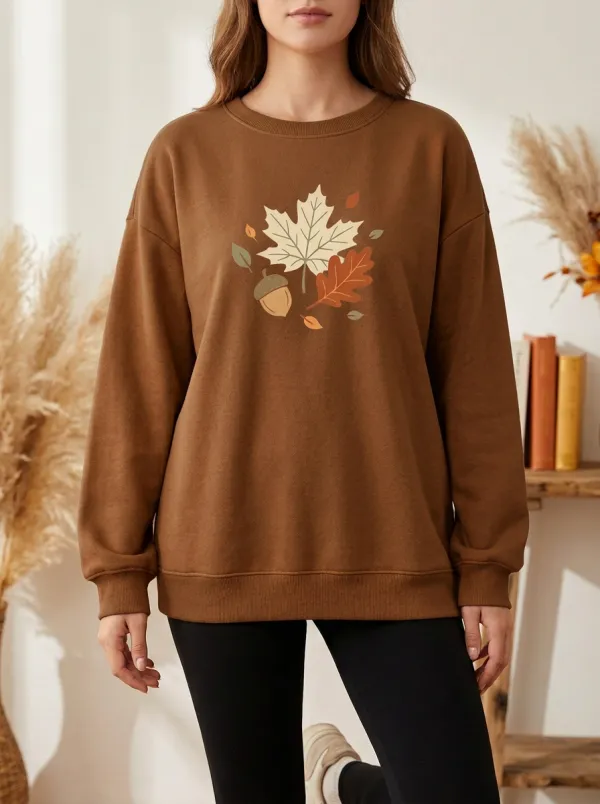Layered Detail Maple-Leaf Printed Acorn Graphic Sweatshirt