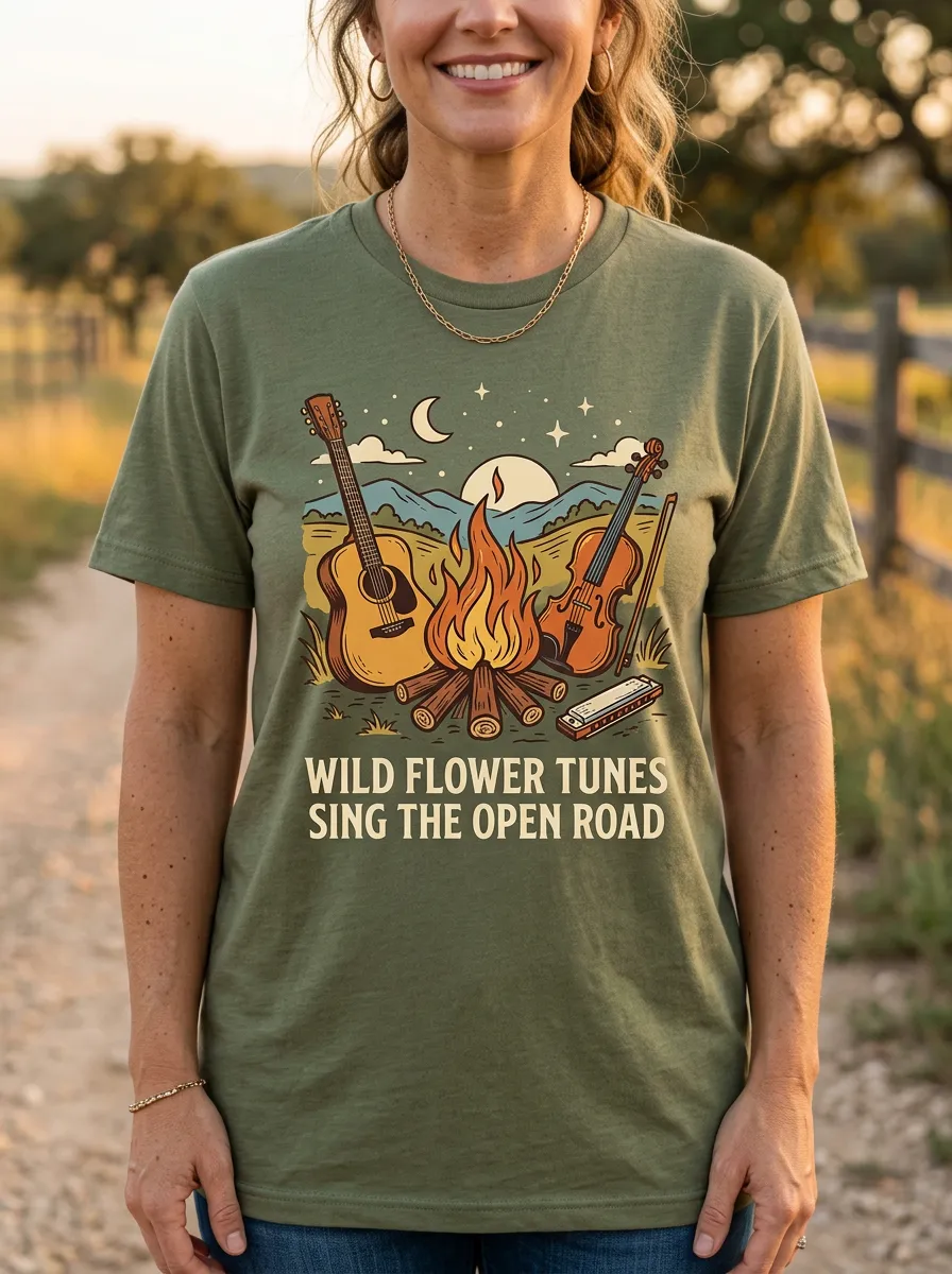 Country Music Guitar Fiddle Campfire Crew Neck T-Shirt